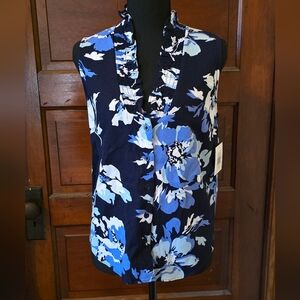 Ellen Tracy Navy Blue Floral Ruffle V-Neck Sleeveless Top